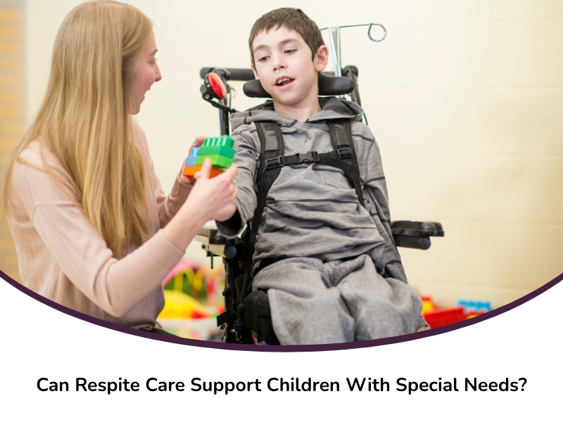 Support worker engages boy in wheelchair with toys, representing respite care special needs support through interactive play.
