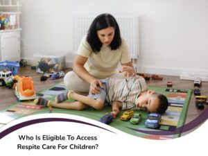 Woman supports young boy with disability during play-based respite care eligibility activity at home.