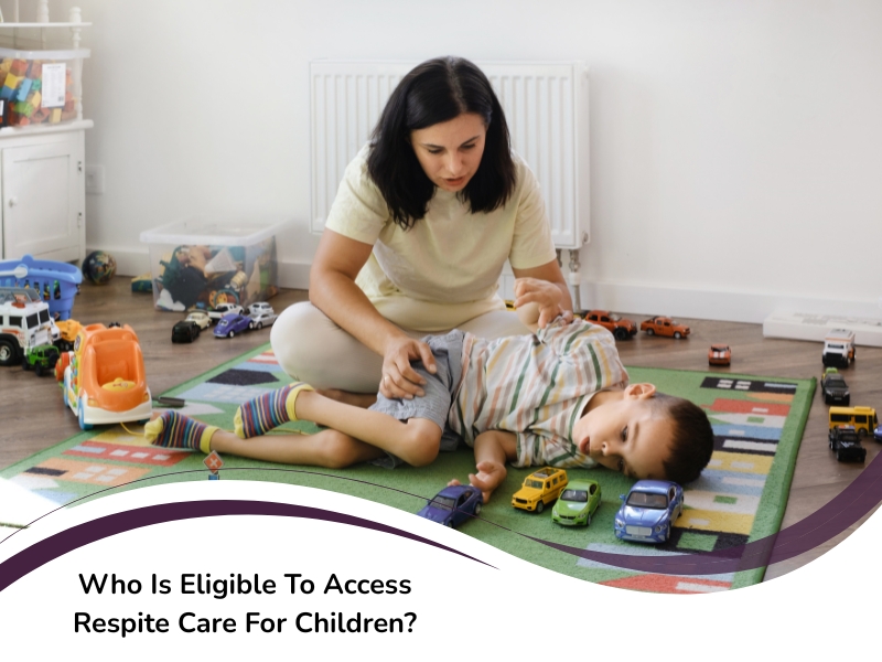 Woman supports young boy with disability during play-based respite care eligibility activity at home.