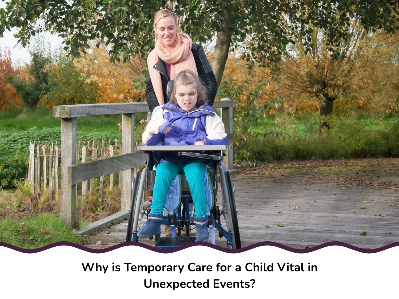 Carer pushing girl in wheelchair across a bridge during autumn, highlighting temporary care for child with disabilities