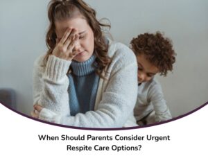Stressed parent with young child in background, highlighting emotional toll before accessing urgent respite care services