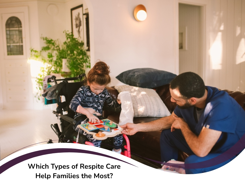 Child in wheelchair playing with carer at home, representing in-home types of respite care for children with disabilities.