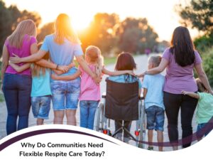 Group of carers and children, including a girl in a wheelchair, walking together outdoors during flexible respite care