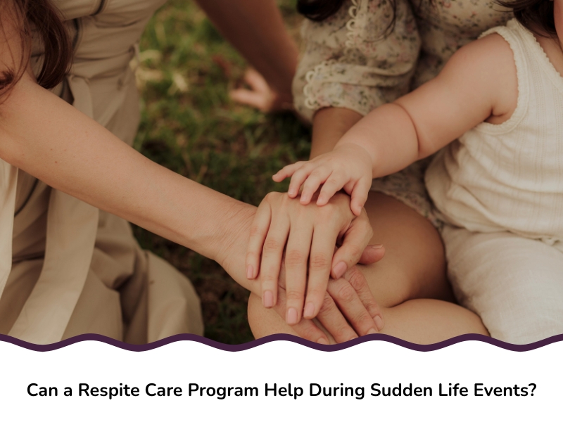 Two adults and a child place hands together outdoors, symbolising unity and support from a respite care program.