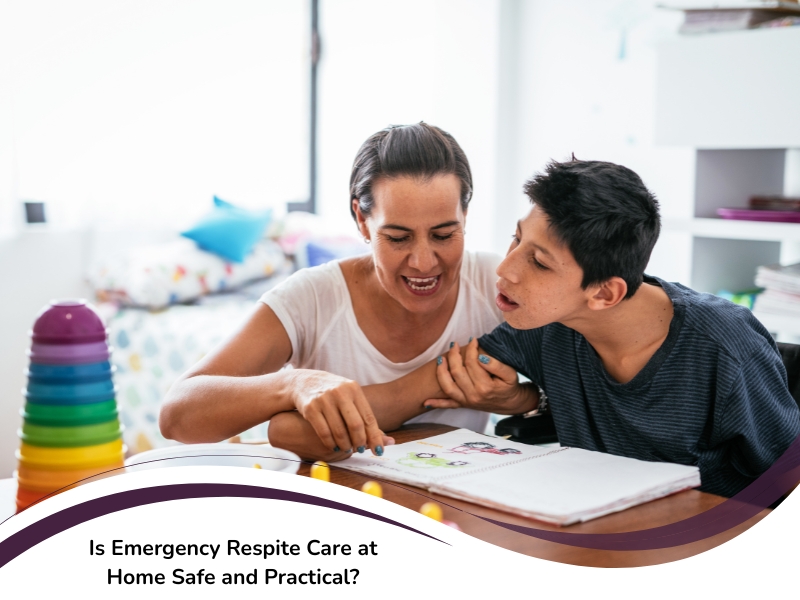 A female carer helps a teenage boy with a disability use picture cards at a table, highlighting everyday respite care at home.