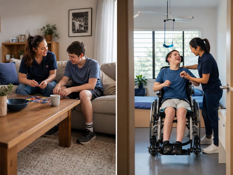 Support workers assisting participants in a home style respite setting, with one child doing a tabletop activity and one young man using a wheelchair.