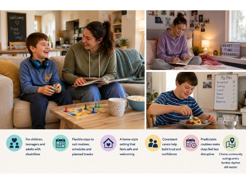 Collage showing children and young people in home style respite, including board games, quiet time, meals and routine planning.