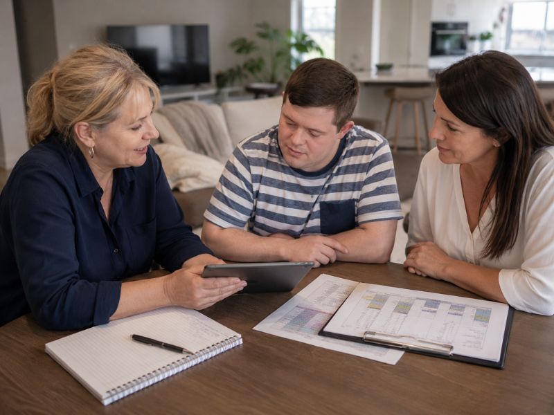 Adult participant, family member and support professional reviewing support information together to discuss high intensity support needs and respite planning.